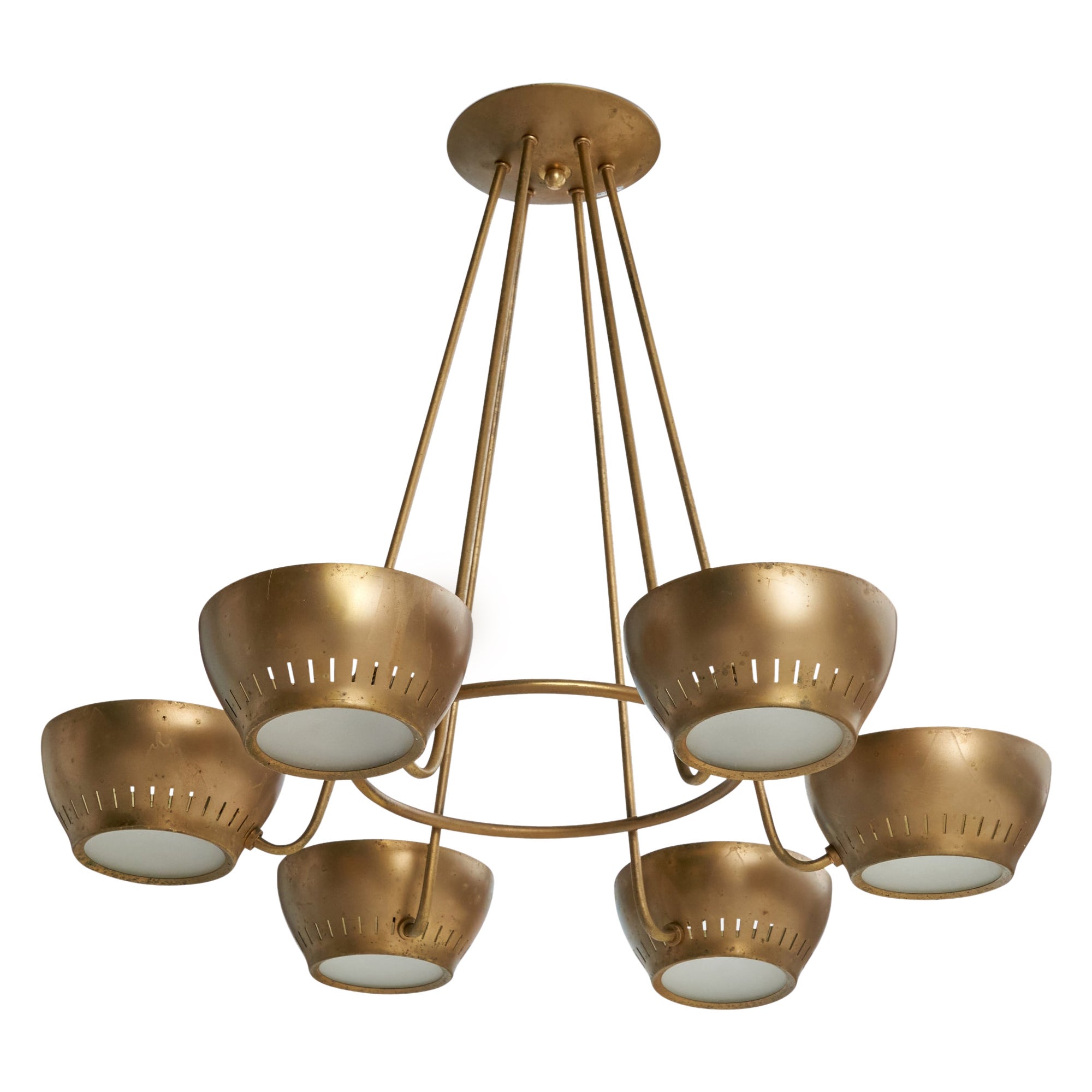 Lightolier Attribution, Chandelier, Brass, Glass, USA, 1950s