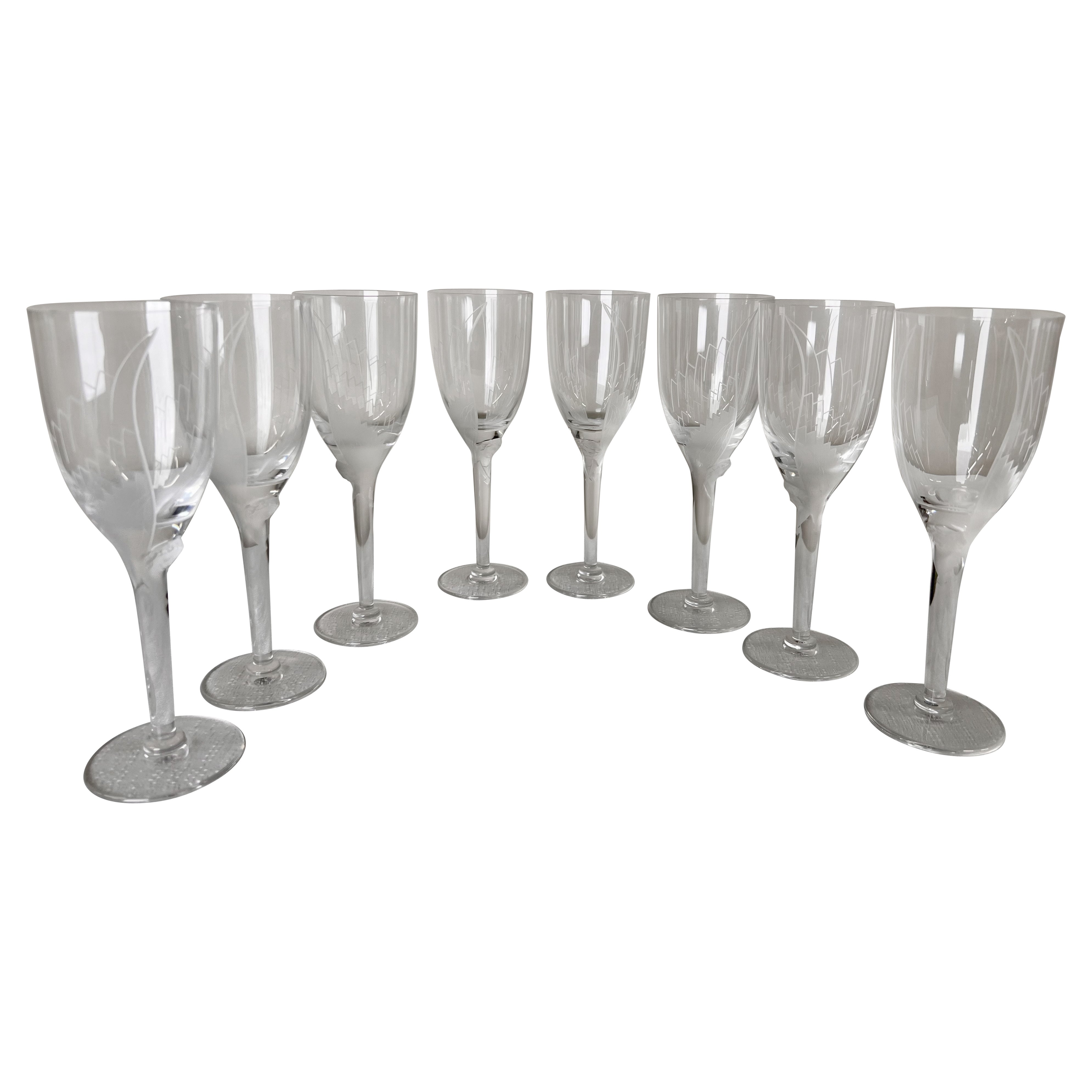 Verres à champagne ou flûtes avec ange Art Déco Lalique modèle 13645, lot de 8