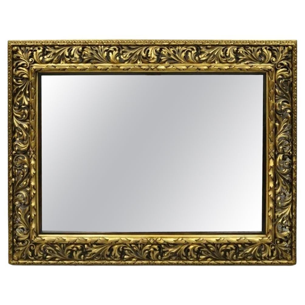 Antique French Baroque Rococo Style Scroll Carved Wood 65" Gold Wall Mirror