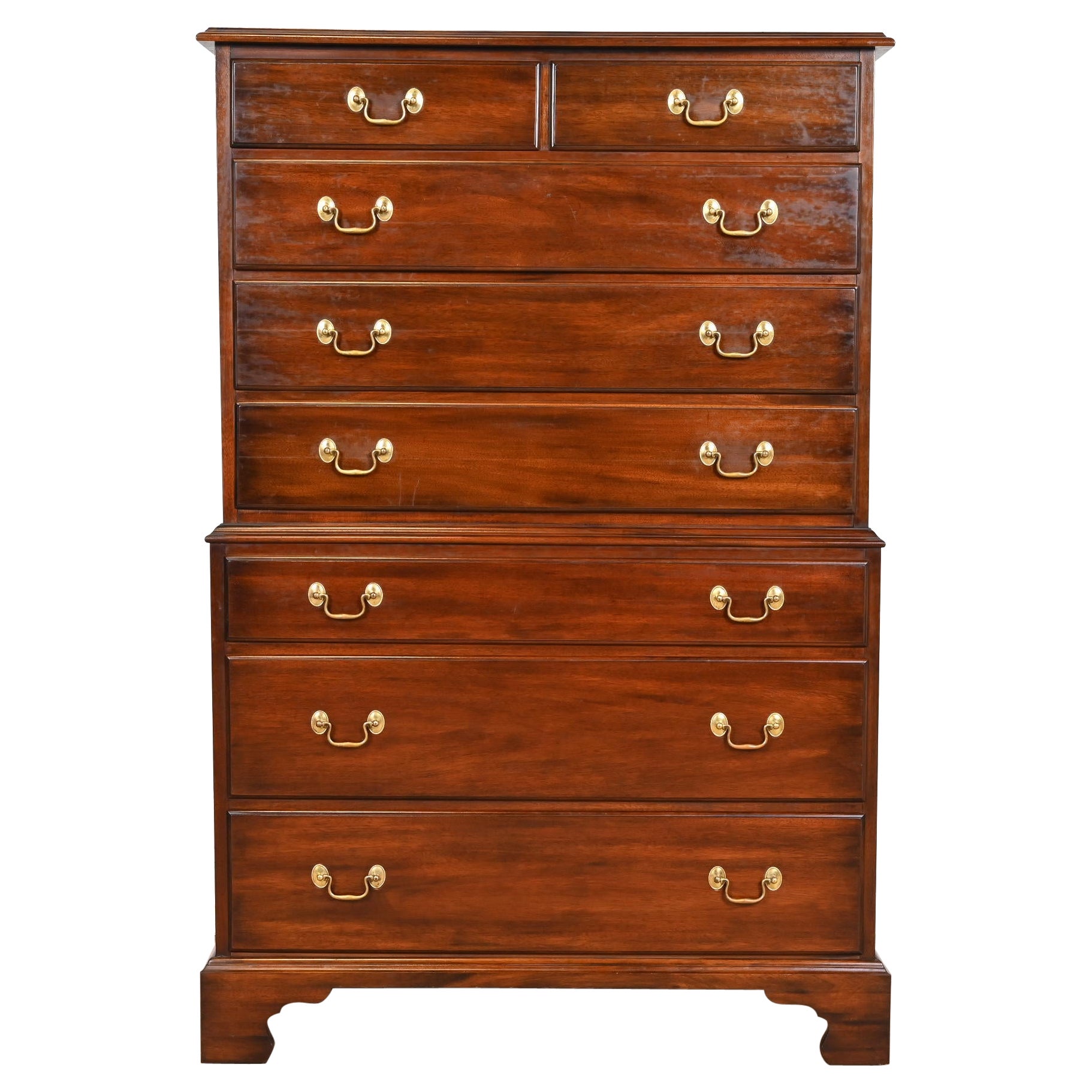Henkel Harris Georgian Solid Mahogany Eight-Drawer Highboy Dresser, 1973
