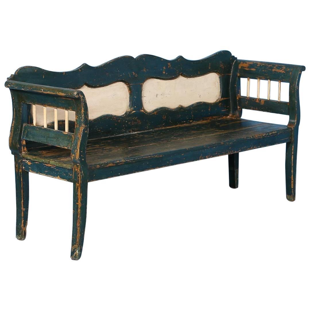 Antique Bench with Original Dark Blue Paint from Hungary, circa 1860