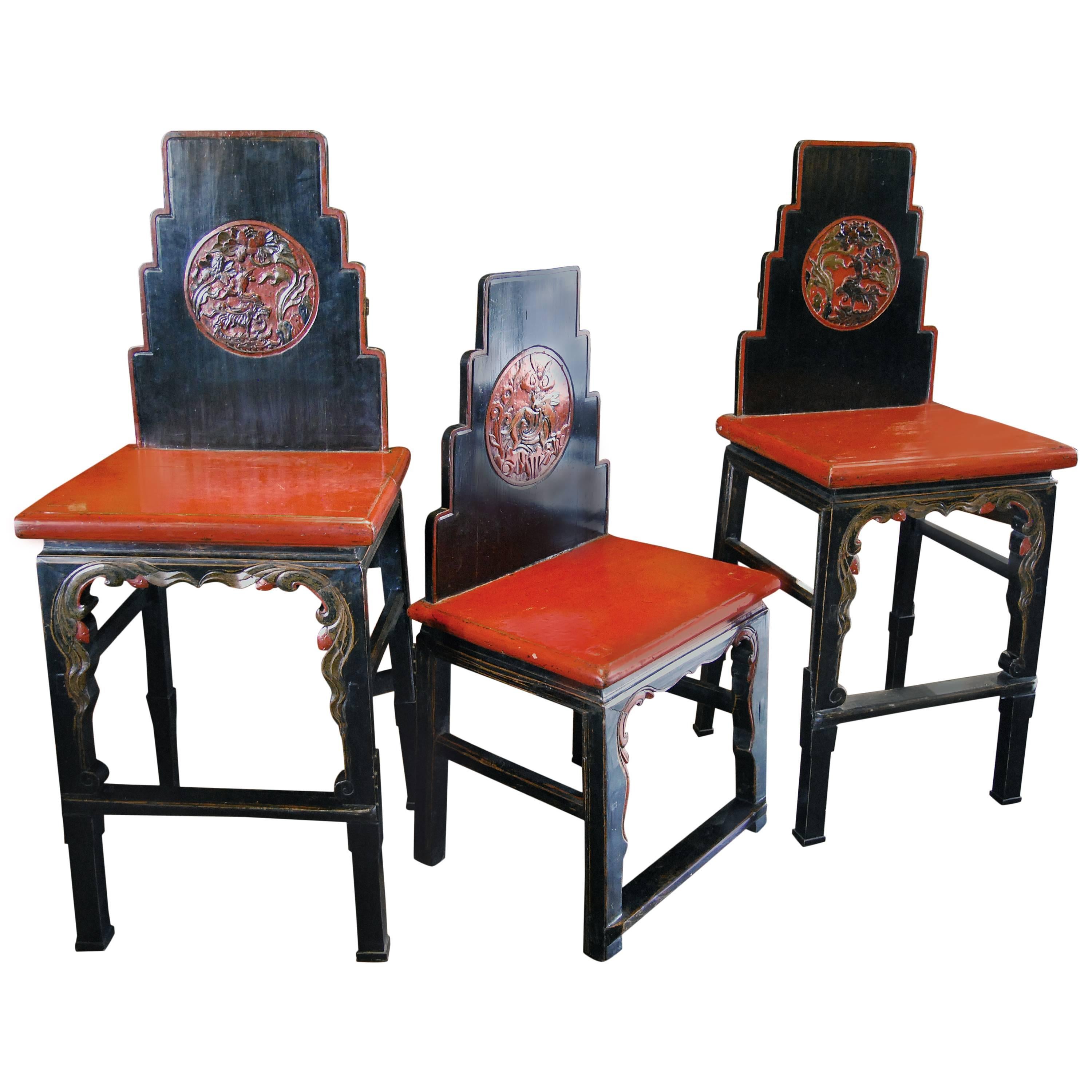 Set of Three Antique Cinnabar Chairs For Sale