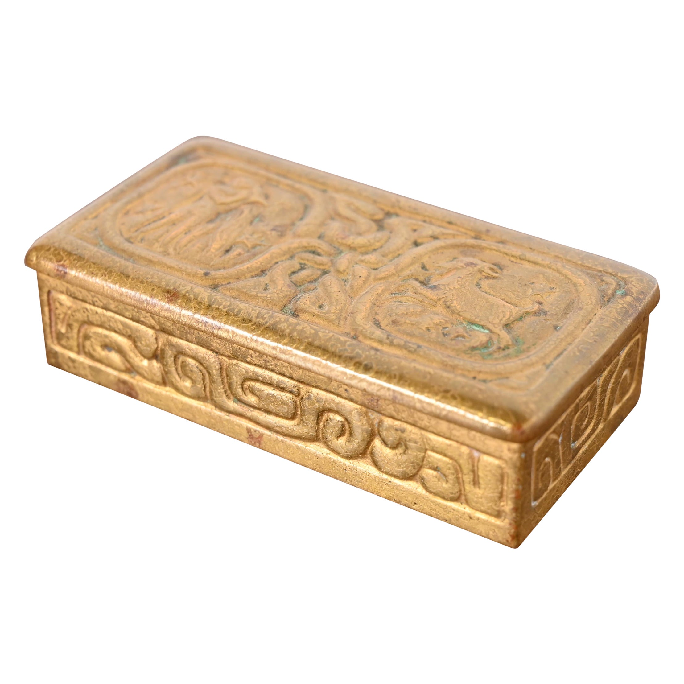 Tiffany Studios New York Zodiac Bronze Doré Stamp Box