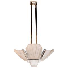 Art Deco Skyscraper Style Nickled Bronze and Relief Frosted Glass Chandelier