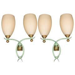 Vintage Pair of Art Deco Sconces in Brass, Glass and Green Enamel Attr. to Rene Prou