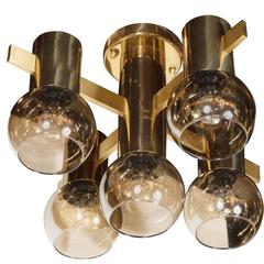 Smoked Glass and Polished Brass Chandelier by Hans-Agne Jakobsson