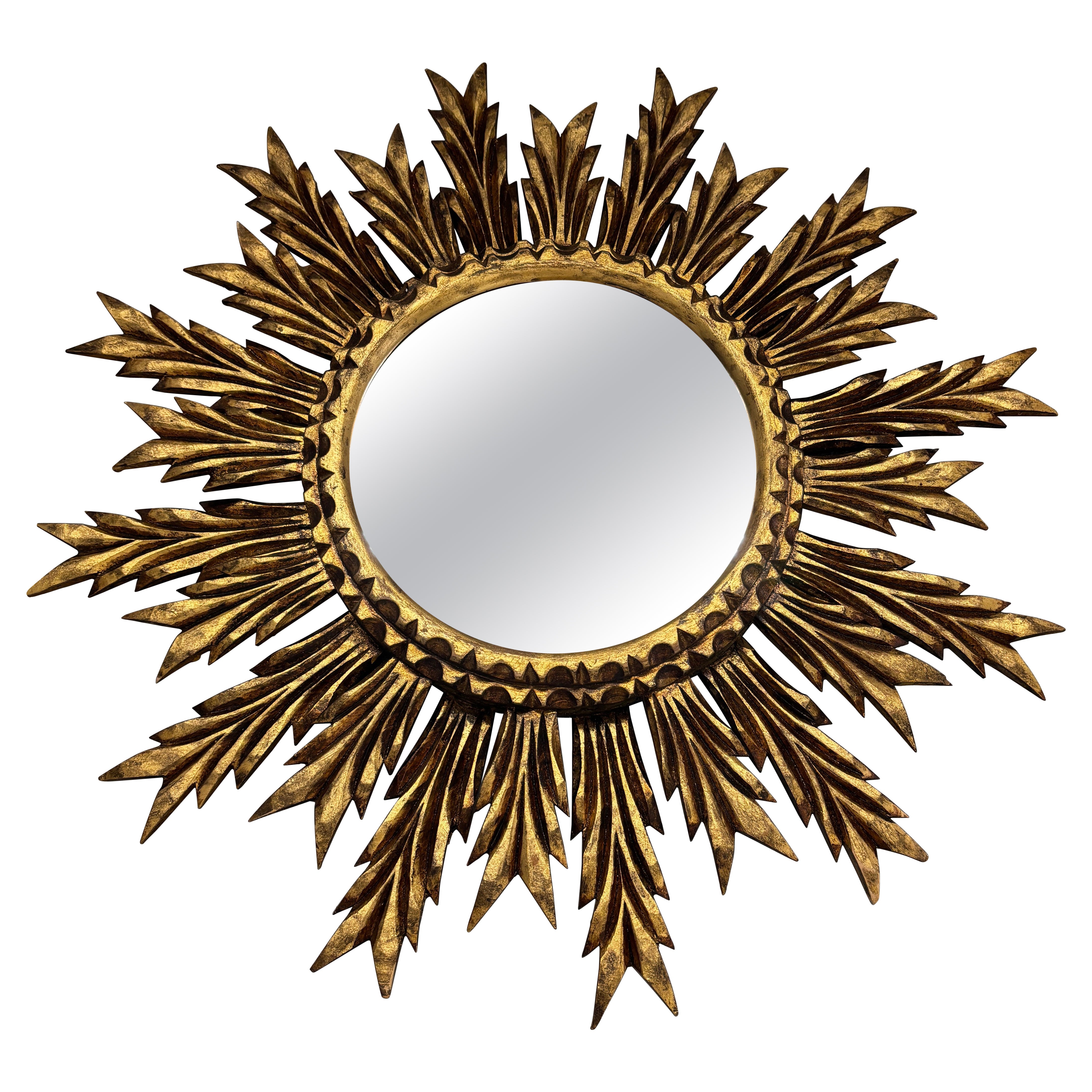 Raro specchio francese Big 24" degli anni '40, con doppio Bigli d'oro e raggi di sole in vendita