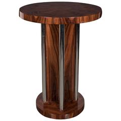 Art Deco Inlaid Exotic Walnut Starburst Center Table with Tubular Chrome Accents