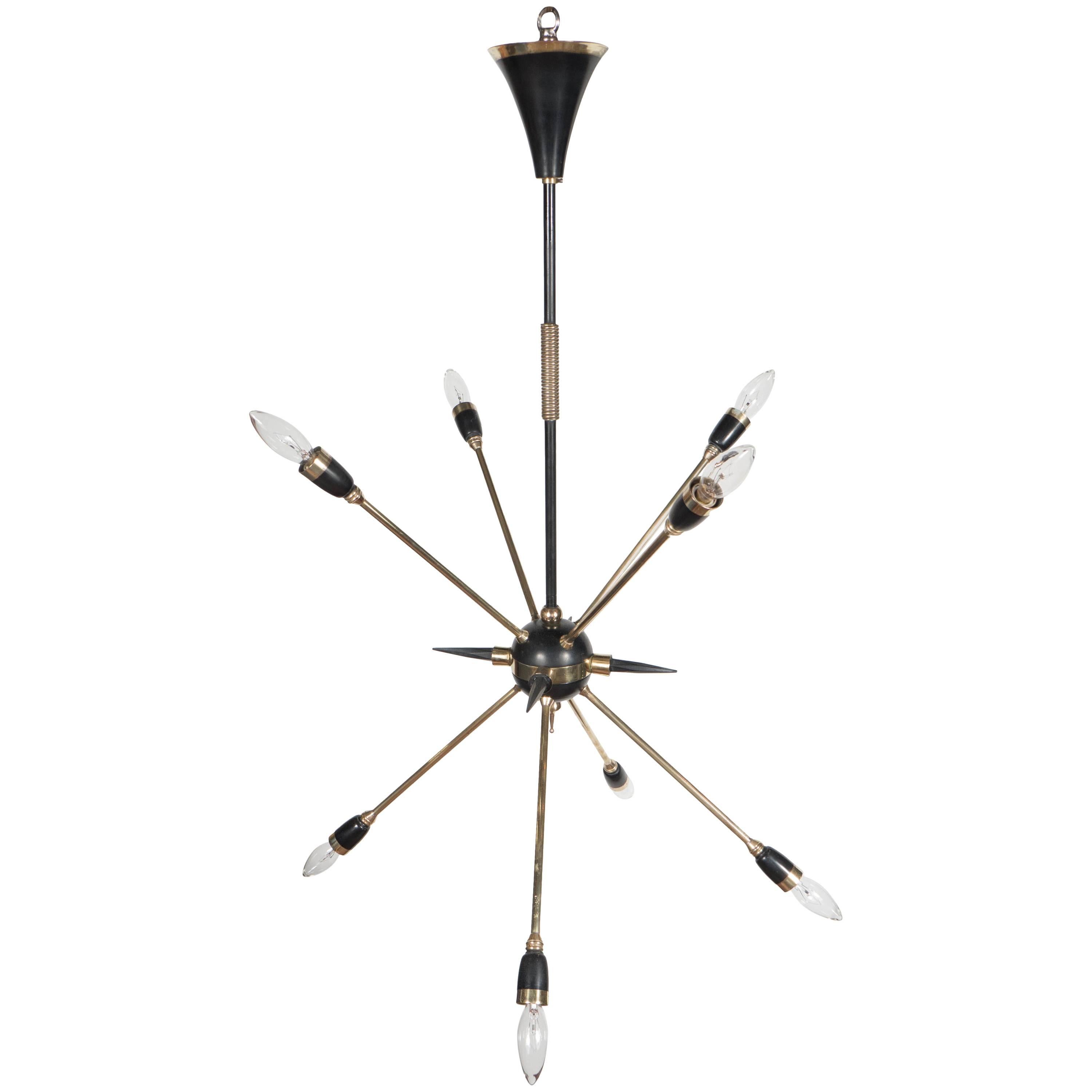 Mid-Century Italian Eight-Arm Sputnik Chandelier in Brass and Black Enamel