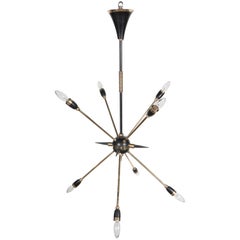 Mid-Century Italian Eight-Arm Sputnik Chandelier in Brass and Black Enamel