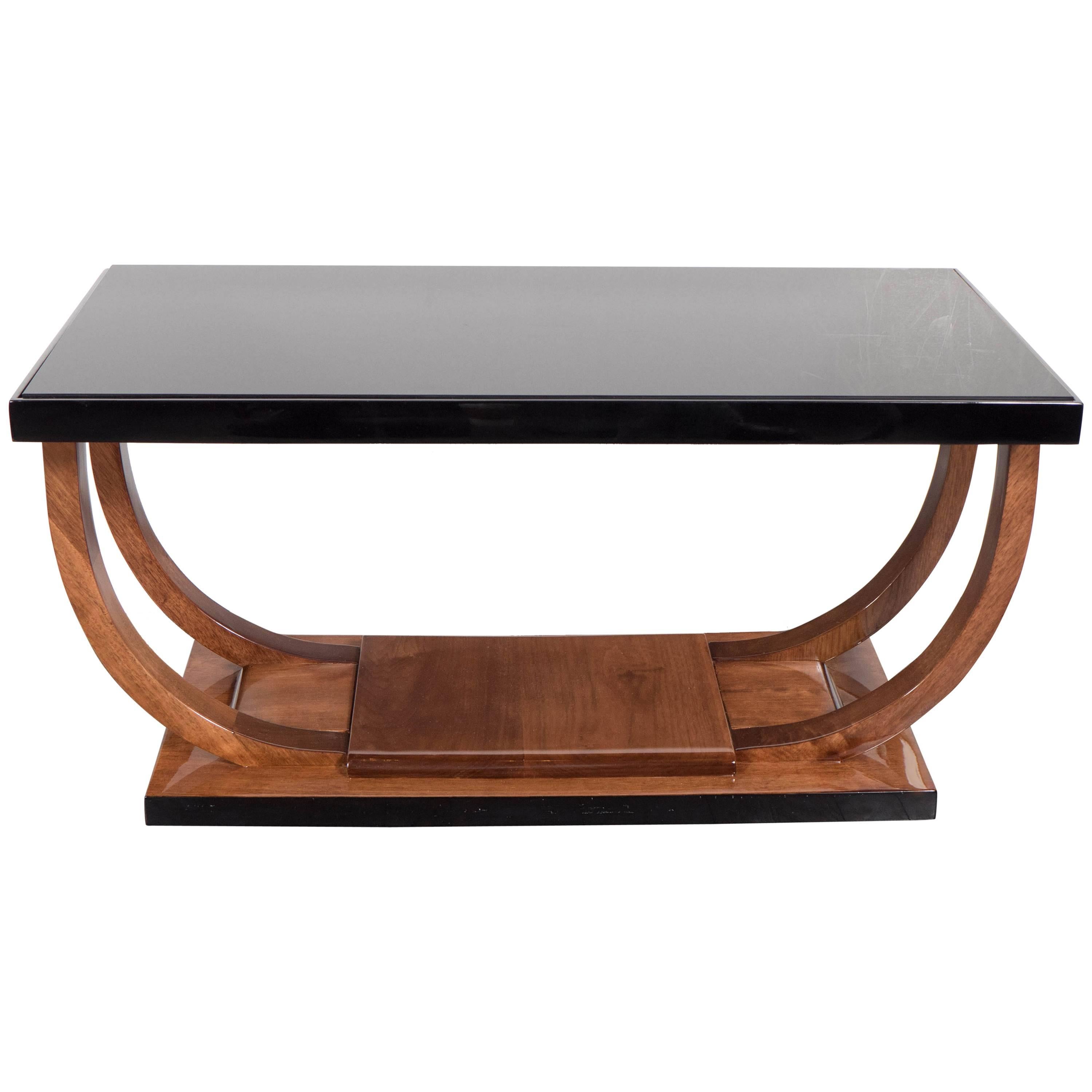 Art Deco Machine Age Streamlined Cocktail Table in Walnut and Black Lacquer