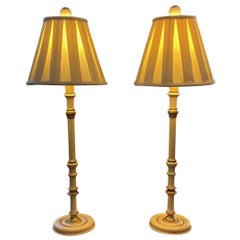Pair of Vintage Hand Painted Candlestick Table Lamps with Ivory Raw Silk Shades