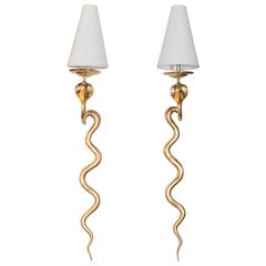 Vintage Pair of French Polished Brass Forked Tongue Cobra Sconces