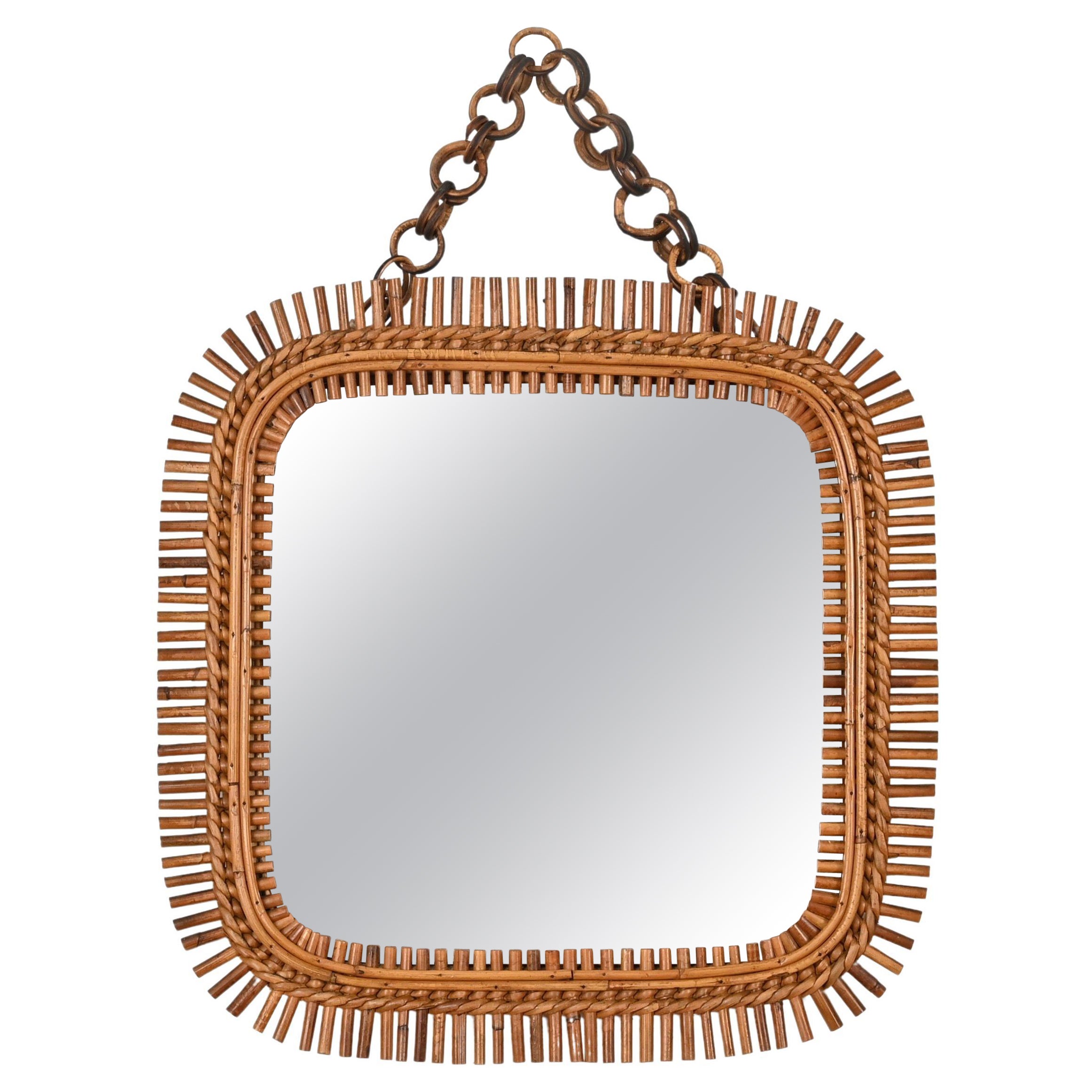French Riviera Square Mirror in Bamboo, Rattan and Wicker, Italy 1960s