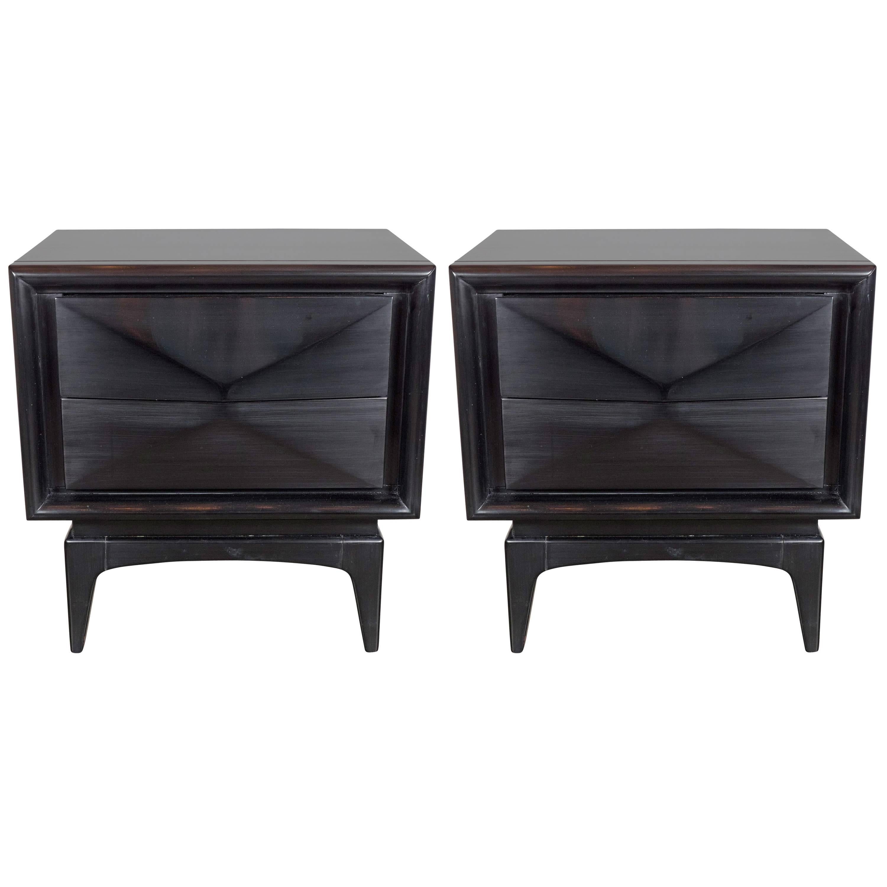 Pair of Mid-Century Modernist Cubist Nightstands with Angular Fronted Drawers