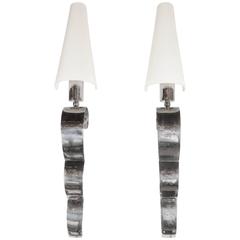 Art Deco Pair of Nickeled Scroll Form Sconces in the Manner of Raymond Subes