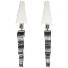 Art Deco Pair of Nickeled Scroll Form Sconces in the Manner of Raymond Subes Art Deco Pair of Nickeled Scroll Form Sconces in the Manner of Raymond Subes