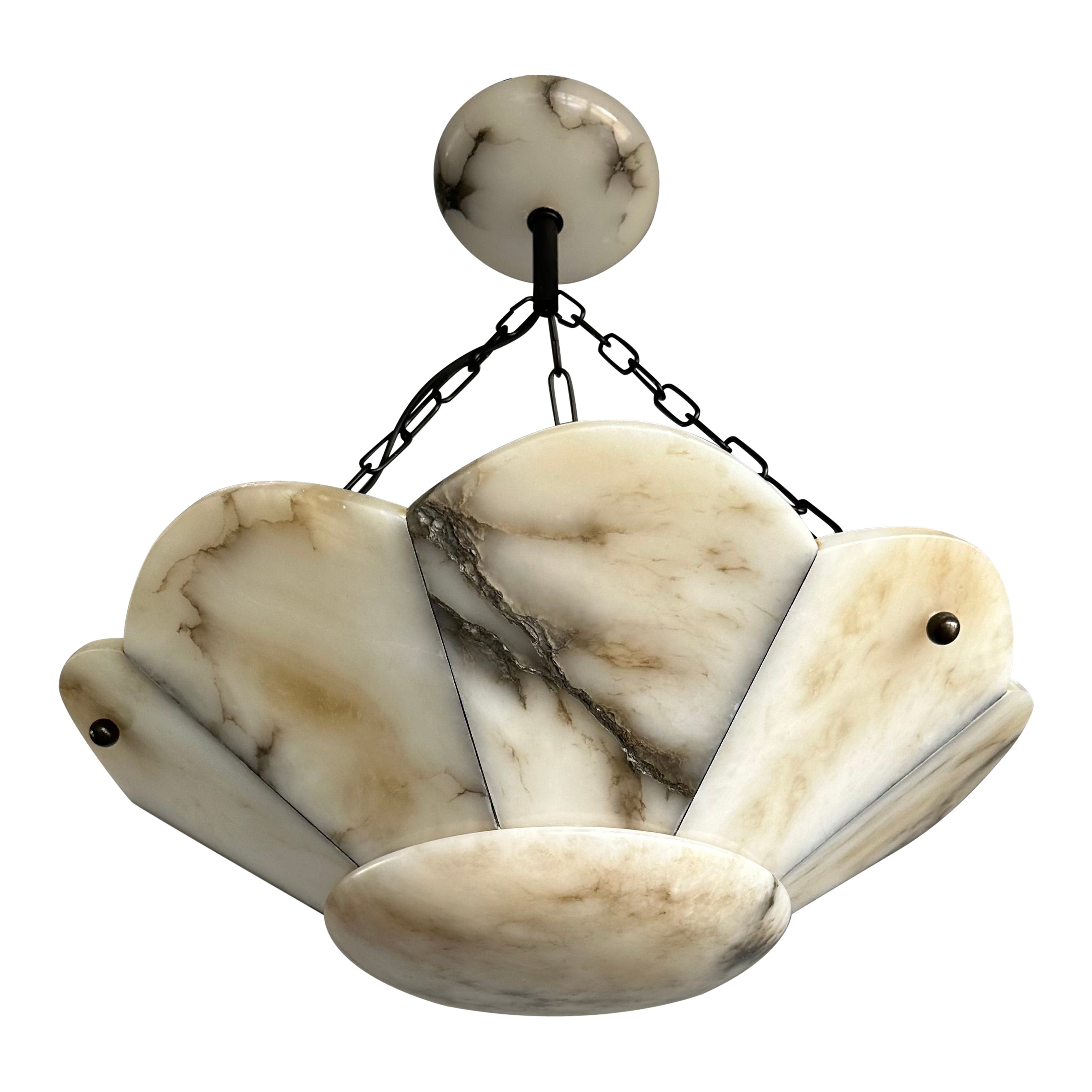 Large 19.7Ø Art Deco White & Black Alabaster Stylized Flower Shape Pendant Light