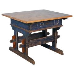 Antique Baker's Table with Original Blue Paint, Dated 1813