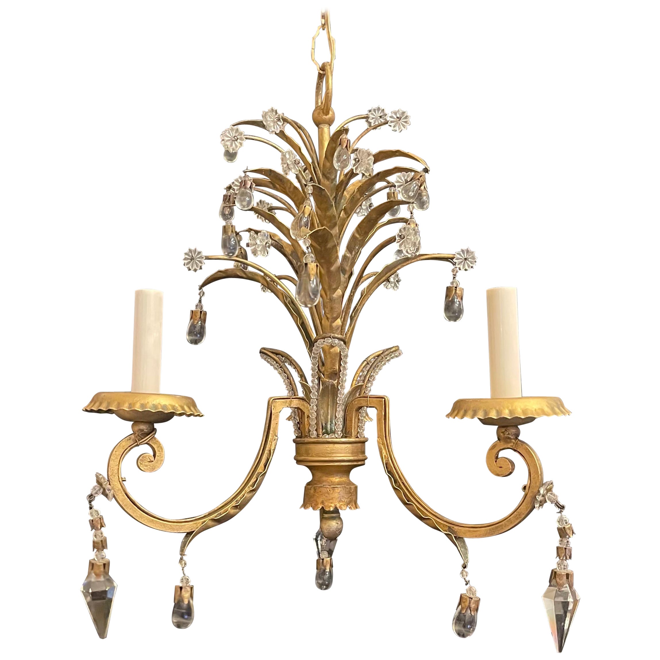 Wonderful Petite Crystal Drop Gold Palm  Leaf Beaded Tole Chandelier Fixture