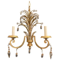 Wonderful Petite Crystal Drop Gold Palm  Leaf Beaded Tole Chandelier Fixture