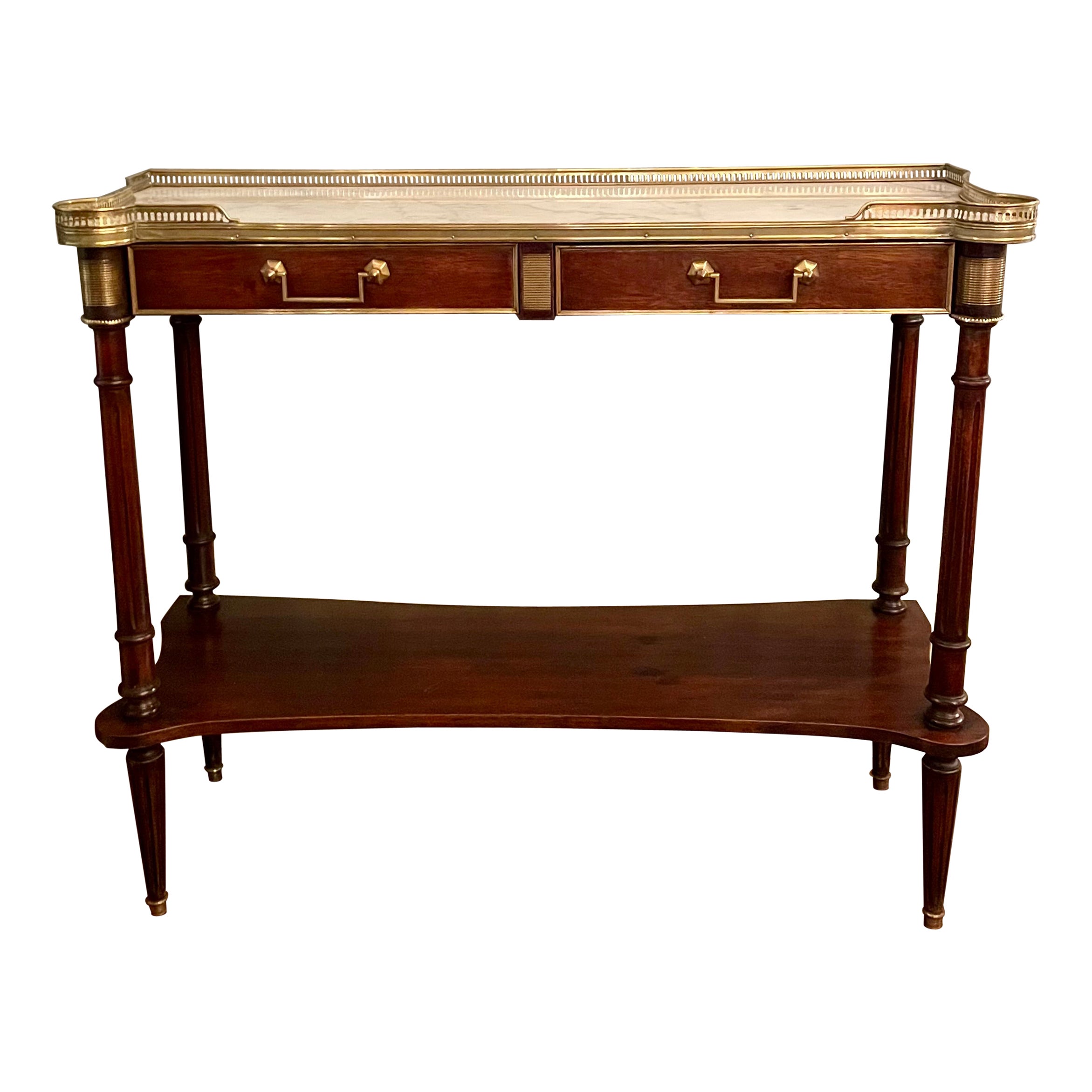 Antique French Regency Style Narrow Mahogany Table with Marble Top, C. 1920-1930