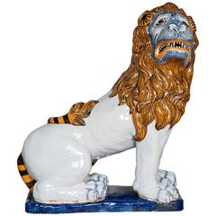 Large 19th Century French Faience Model of a Lion, Rouen, circa 1860
