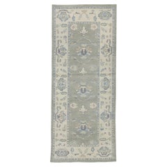Turkish Oushak Rug Handwoven Wool Green Floral Rug 3'11" x 9'7"