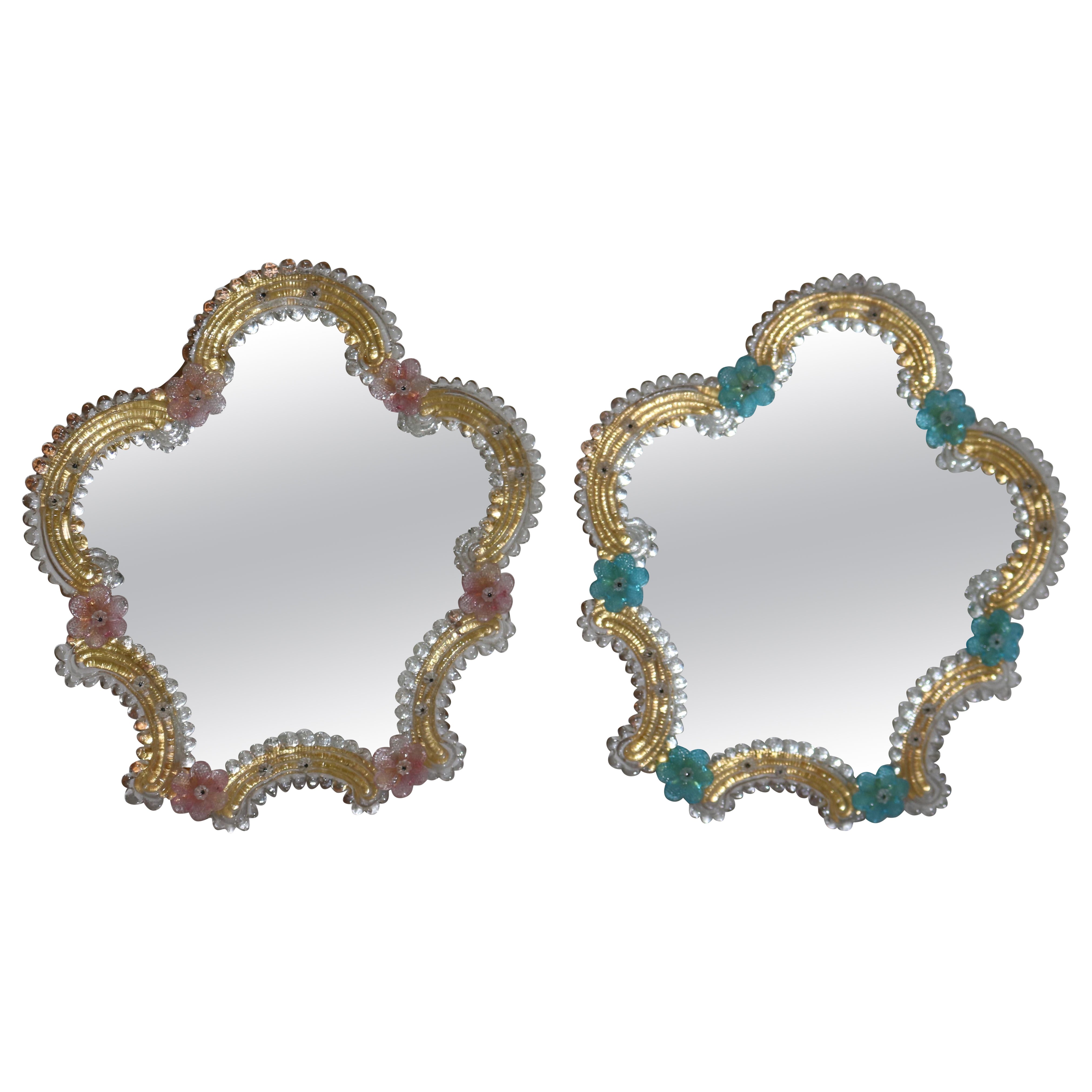 Pair of Antique Venetian Polychromed Shield Shaped Mirrors C1920 For Sale