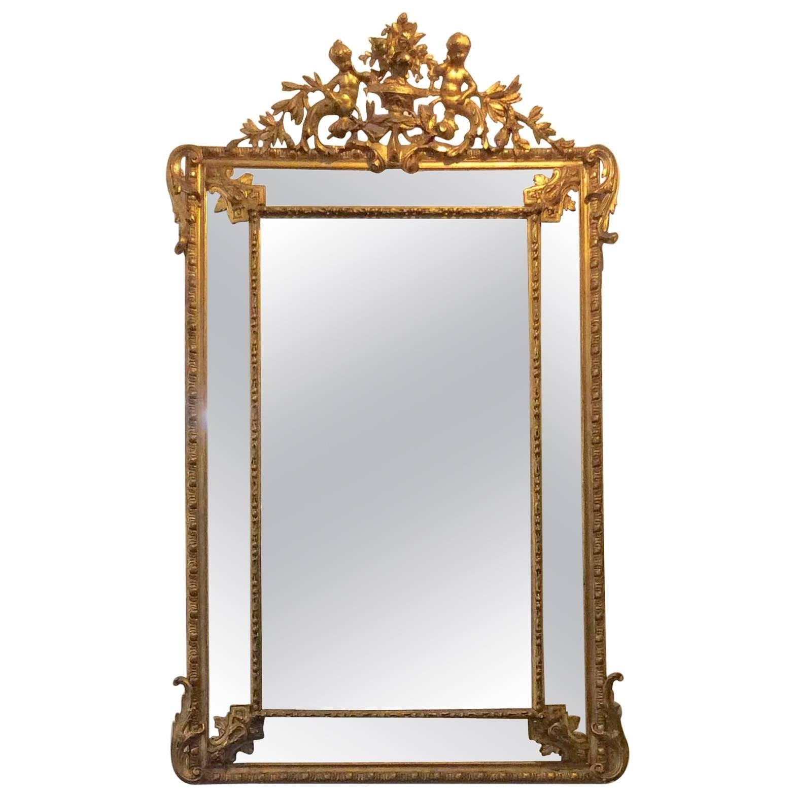 French Gold Gilt Mirror with Cherubs and Beveled Glass