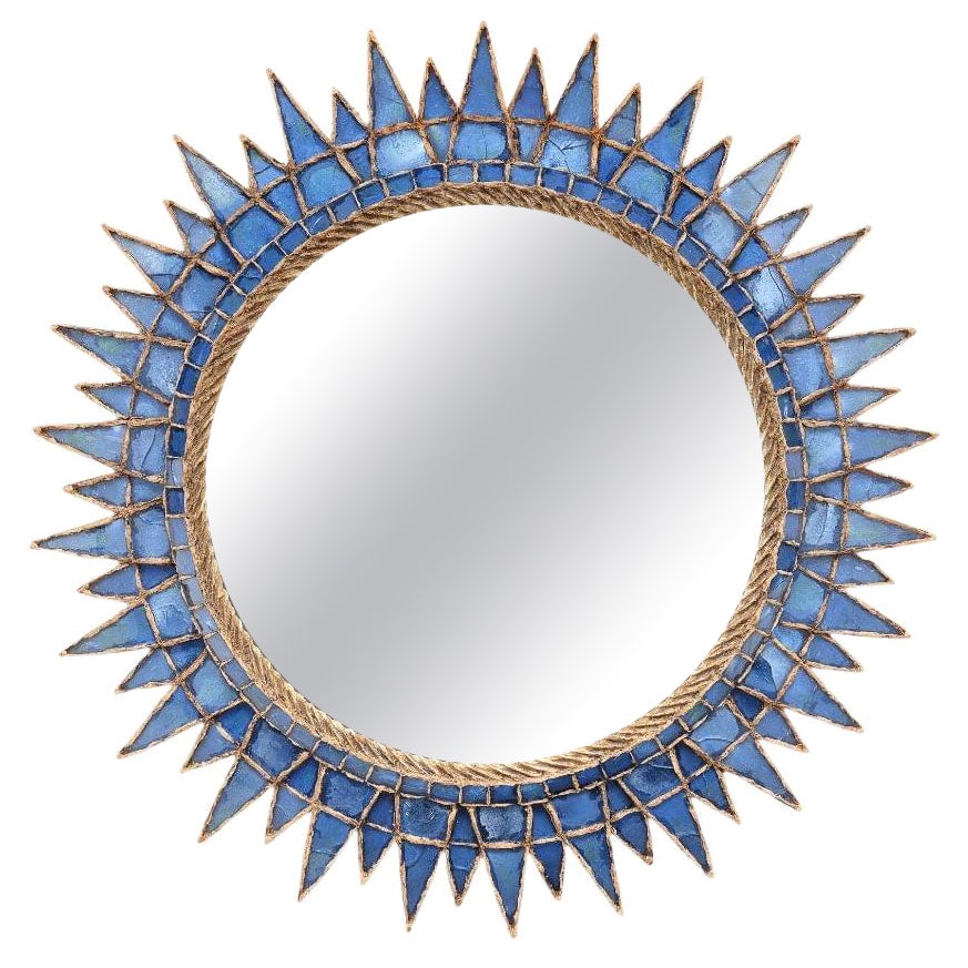 Eccezionale specchio della Line Vautrin 'Soleil À Pointes N.3' degli anni '50 in Talosel blu