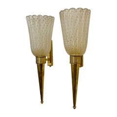 Paar Moderne Kegelförmige Wandleuchter aus Messing und Murano-Glas