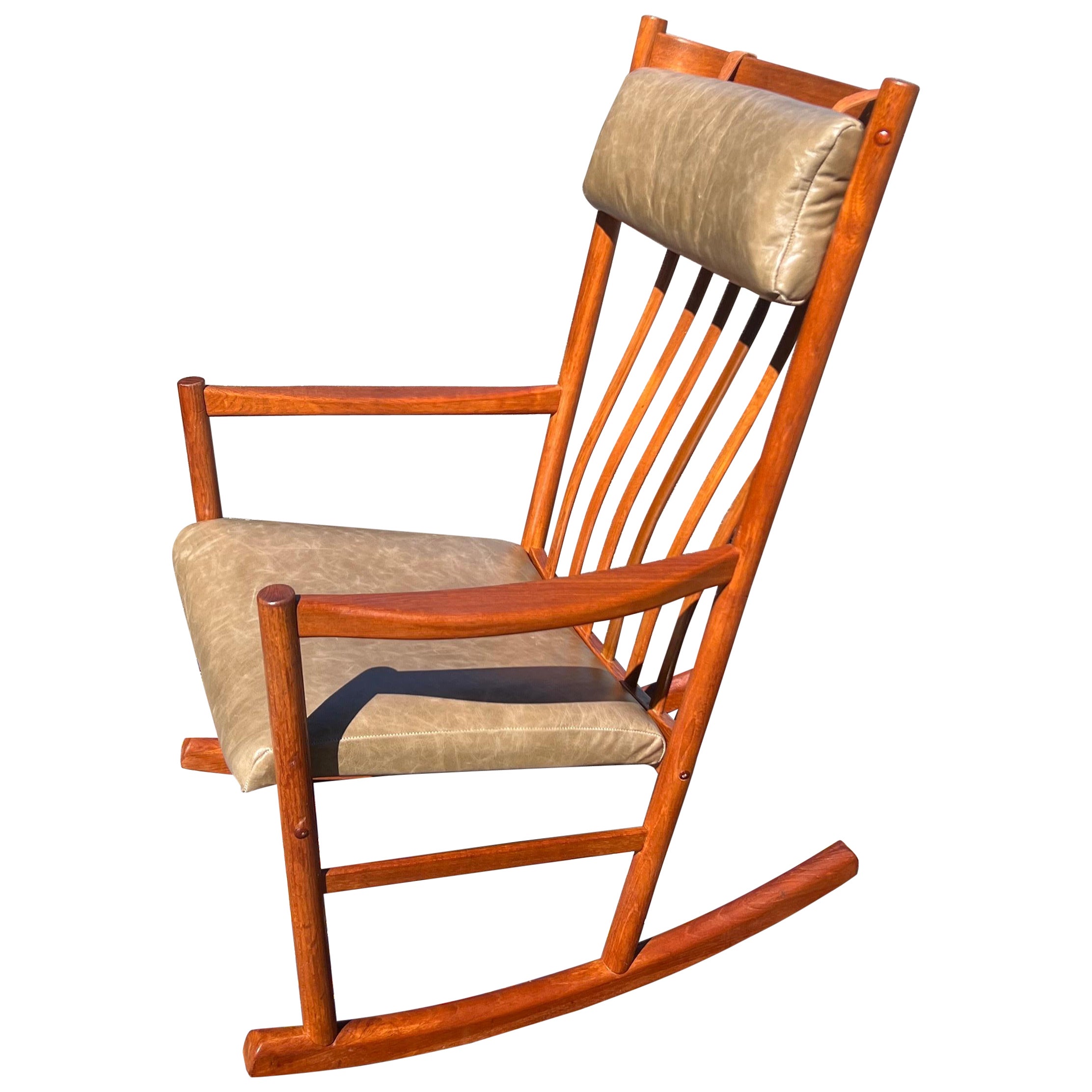 1960s Hans Wegner Teak Rocking Chair in Green Leather For Sale