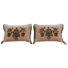 Antique Pair of Custom Appliqued Blush Silk Velvet Pillows