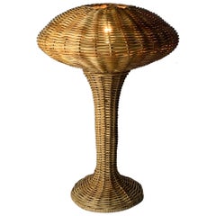 Scandinavian rattan wicker mushroom ufo table lamp, Denmark 1970s