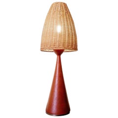 Vintage teak mushroom table lamp wicker lampshade