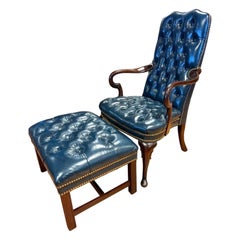 Hancock & Moore Tufted Blue Leather Arm Chair and Matching Ottoman 2Pcs.
