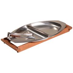 Used Danish Modern Kalmar Designs Three-Piece Stainless Steel and Teak Serving Tray