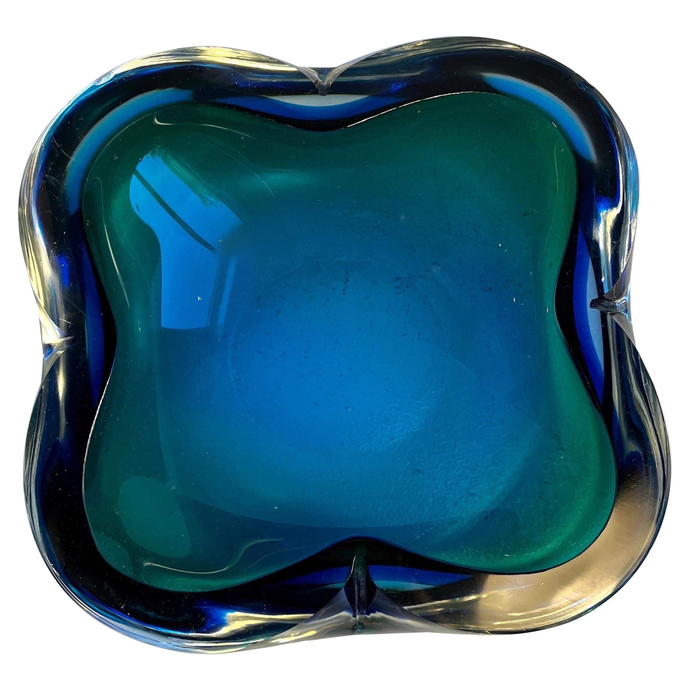 Large Biomorphic Murano Blue & Green Glass Bowl, circa 1970