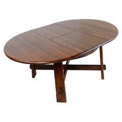 Vintage Strong Oak Brutalist Round extendable dining Table 1950s Mid-20th Century