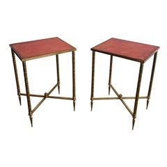 Pair of Faux-Bamboo Brass Side Tables with Red Leather Tops by Maison Jansen
