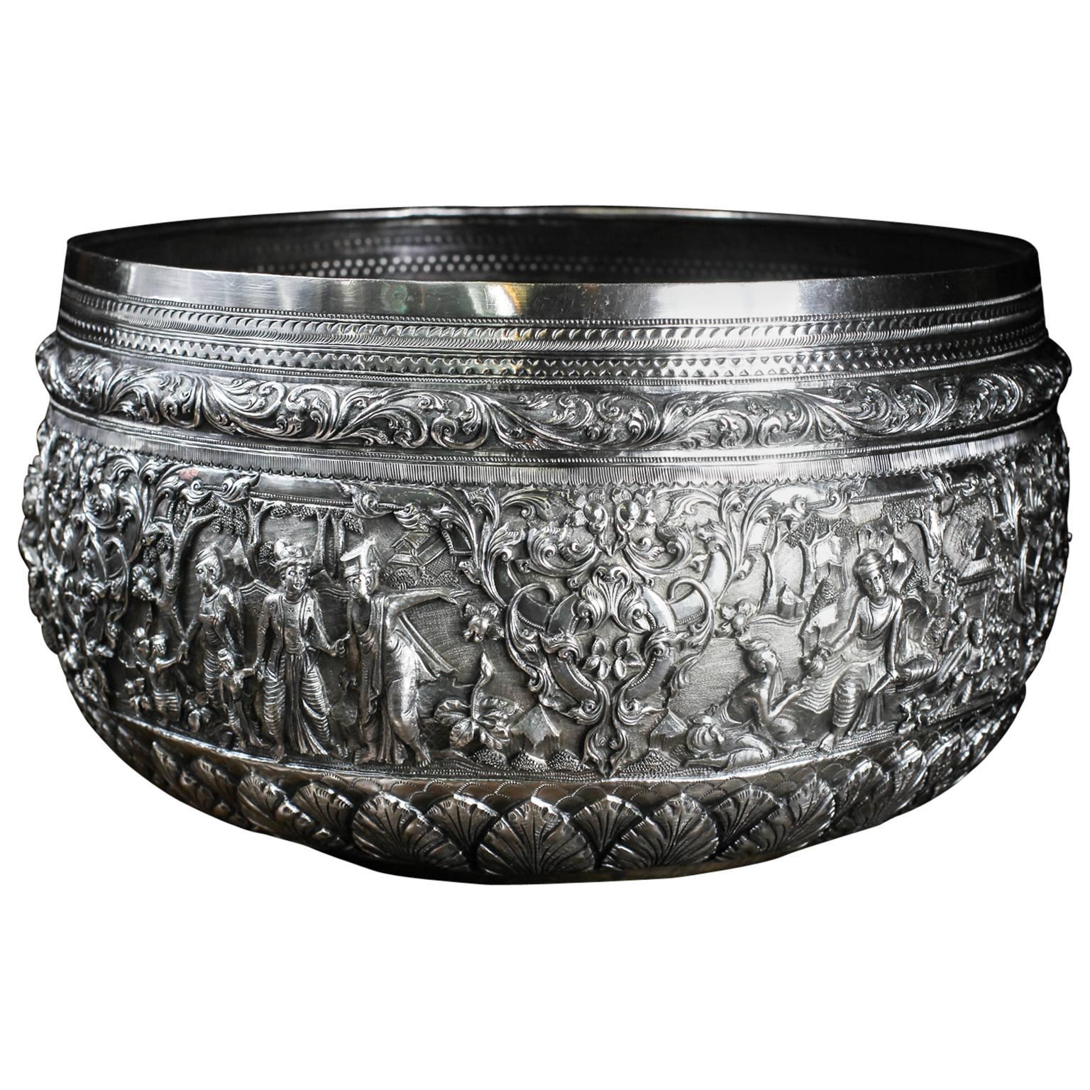 Massive Burmese Silver Bowl, Detailed Scenes and Dedication Beneath, circa 1850 For Sale