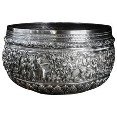 Massive Burmese Silver Bowl, Detailed Scenes and Dedication Beneath, circa 1850
