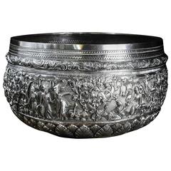 Massive Burmese Silver Bowl, Detailed Scenes and Dedication Beneath, circa 1850 7