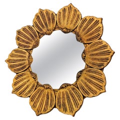 Hollywood Regency Giltwood Carved Flower Sunburst Mirror, France 1950s