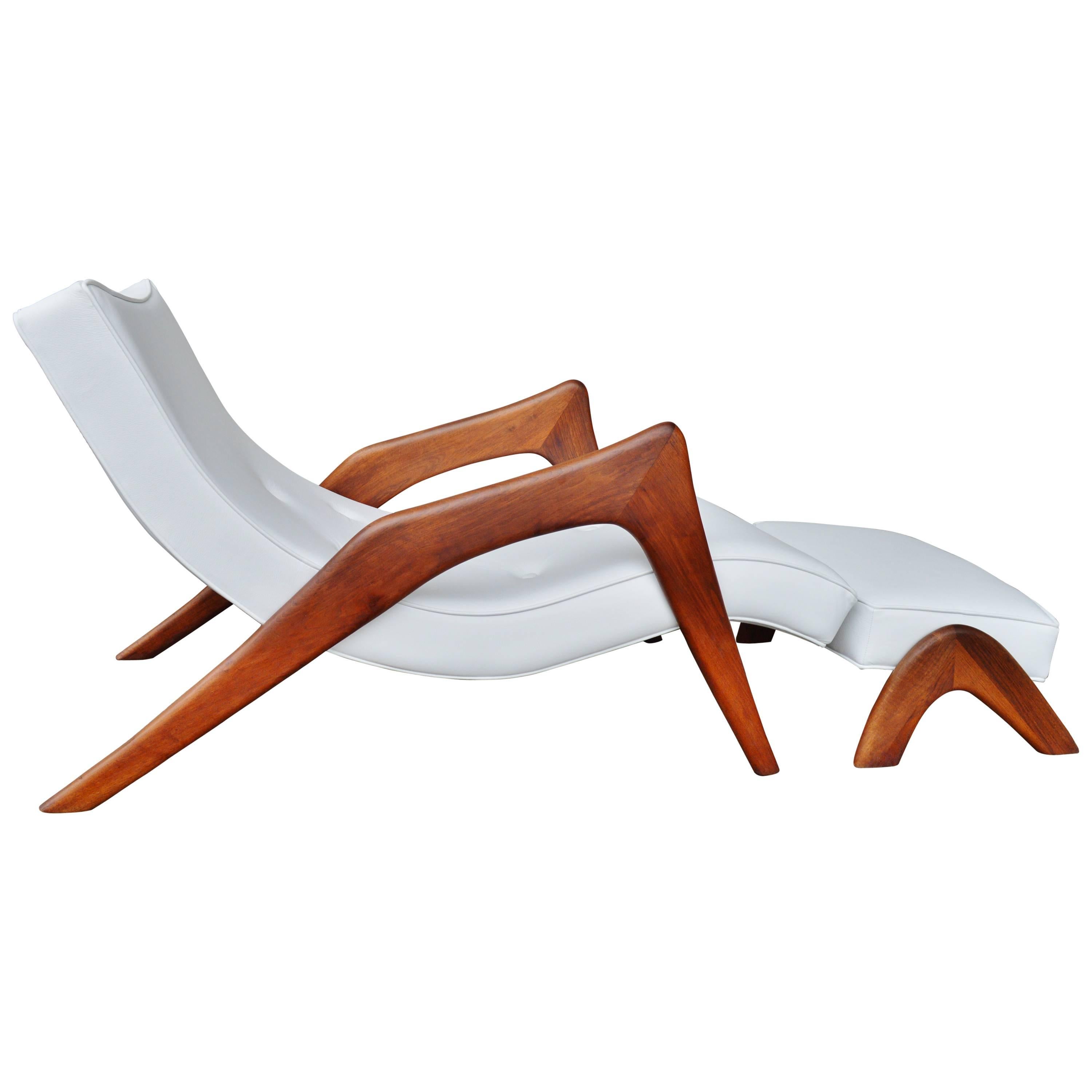 Rare Grasshopper Chaise and Ottoman, White Leather by Adrian Pearsall