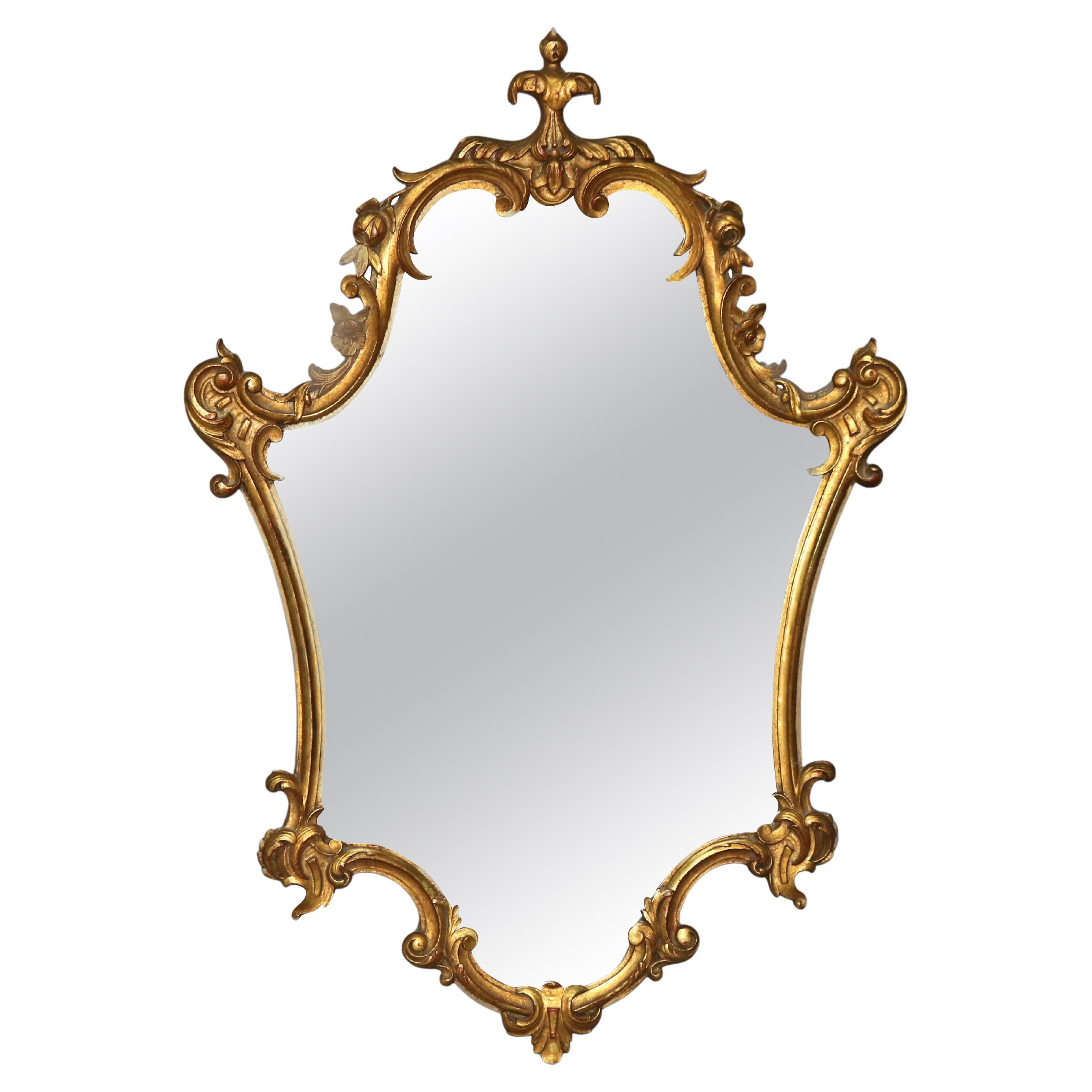 Antique Louis XIV Style Giltwood Shield Form Mirror with Foliate Elements C1930