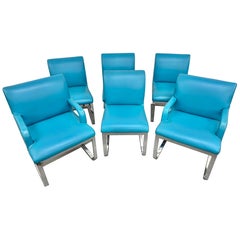 Vintage Blue Vinyl Flat Bar Chrome Dining Chairs - Set of 6