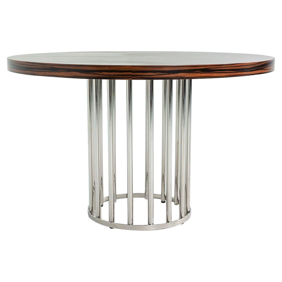 2000s Custom Round Dining Table with Macassar Wood Top and Steel Base, 48 inches For Sale