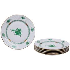 Set of Six Herend Chinese Bouquet Green, Luncheon or Dinner Plates